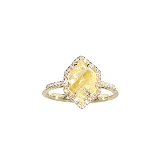 Liven Co. Hexagon Cut Rutilated Quartz Finger Ring with Diamond Halo Gold Finger Rings Liven Co.   