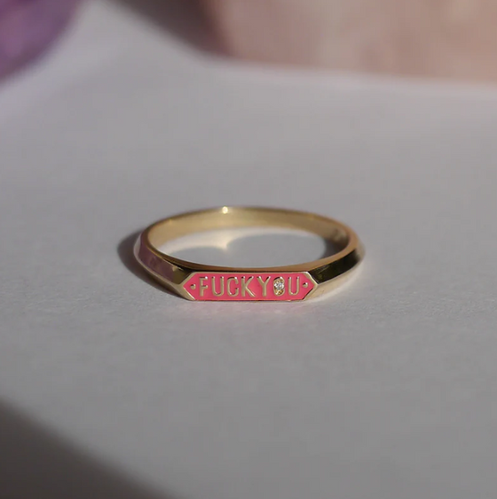 Nora Kogan Fuck You Signet Pink Finger Ring Diamond Gold Finger Rings Nora Kogan   