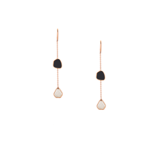 Tresor Black and White Diamond Slice Earrings with Chain Gold Earrings-Standard Tresor   